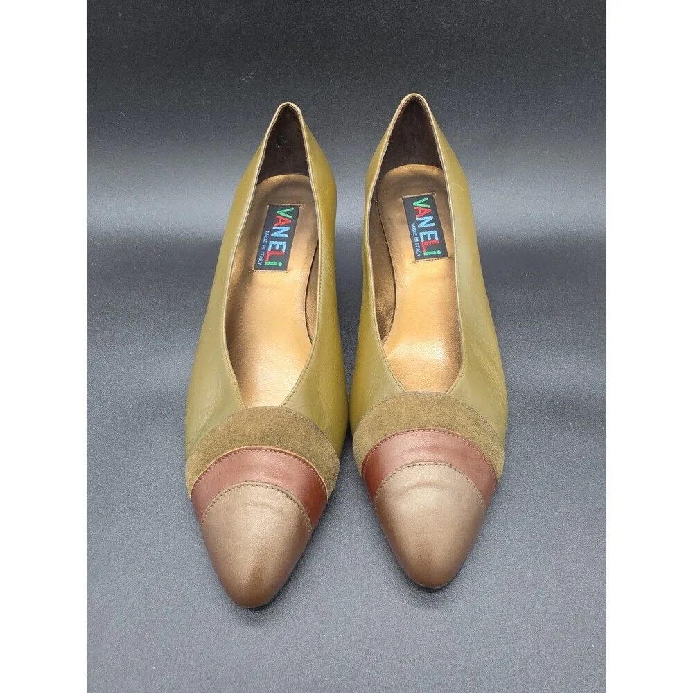 Vintage VANELI Leather Pumps Made in Italy Olive Green Multi Cap Toe Heels Sz7.5